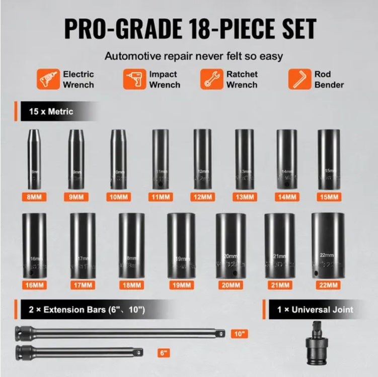VEVOR Impact Sockets Set 18pcs 6-Point 3 8 Drive Bit Ratchet Tool Kit