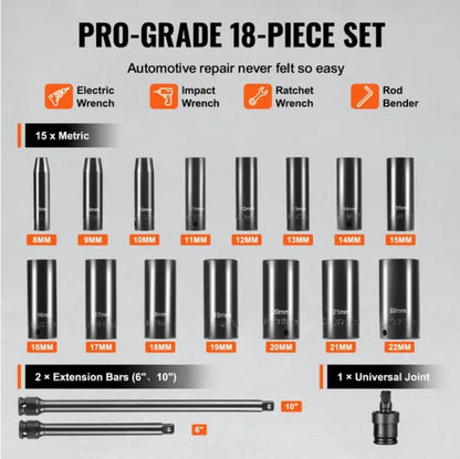 VEVOR Impact Sockets Set 18pcs 6-Point 3 8 Drive Bit Ratchet Tool Kit