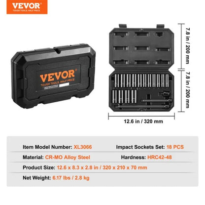VEVOR Impact Sockets Set 18pcs 6-Point 3 8 Drive Bit Ratchet Tool Kit